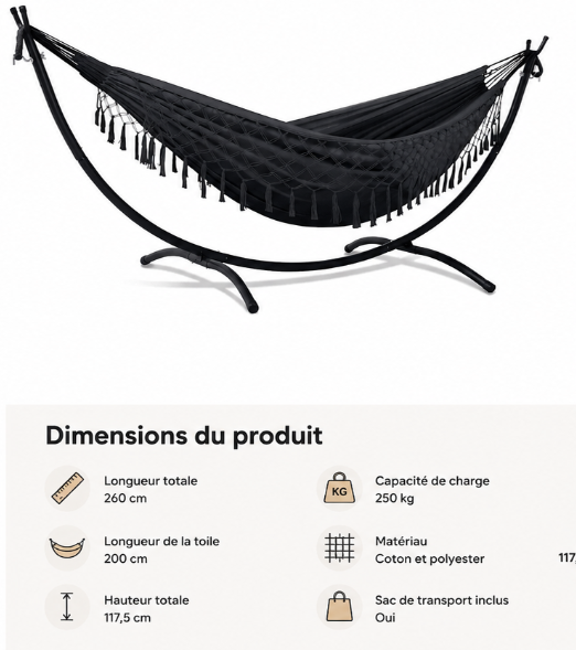 Hamac sur pied noir design avec franges-ZenHamac
