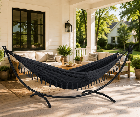 Hamac sur pied noir design avec franges-ZenHamac