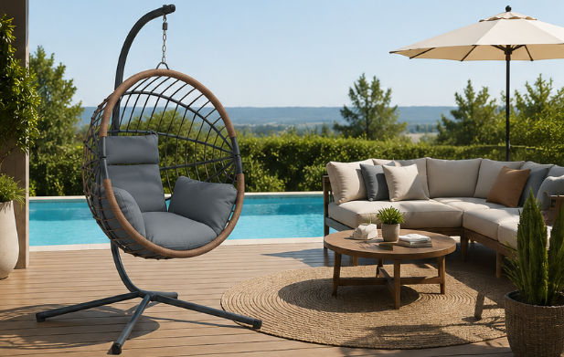 ZenHamac Eclipse – Fauteuil suspendu gris avec finition bois