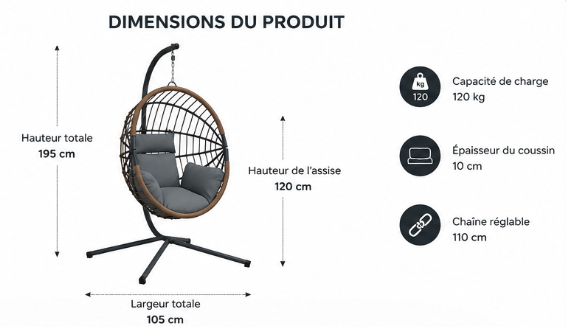 ZenHamac Eclipse – Fauteuil suspendu gris avec finition bois