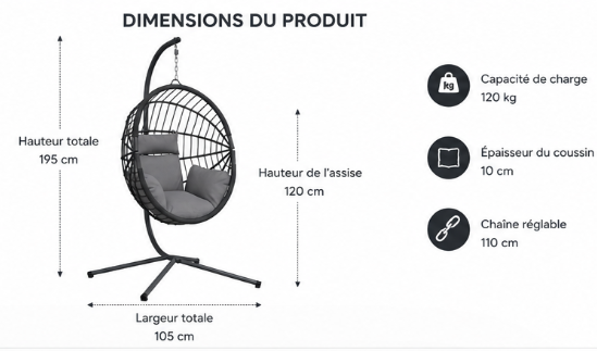 ZenHamac Eclipse – Fauteuil suspendu gris clair avec support