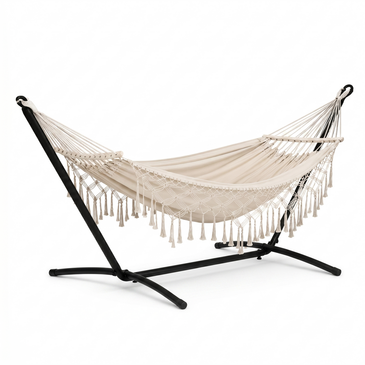 Hamac sur pied macramé bohème franges coton crème – ZenHamac