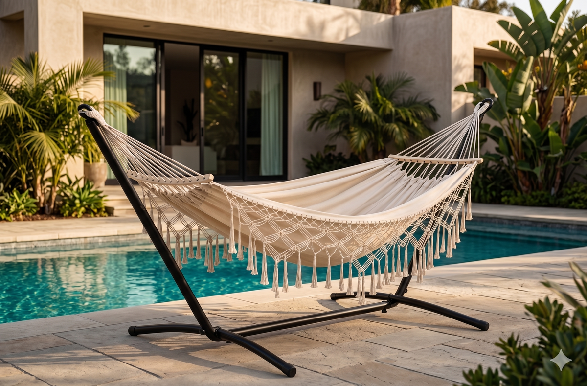 Hamac sur pied macramé bohème franges installé en jardin – ZenHamac