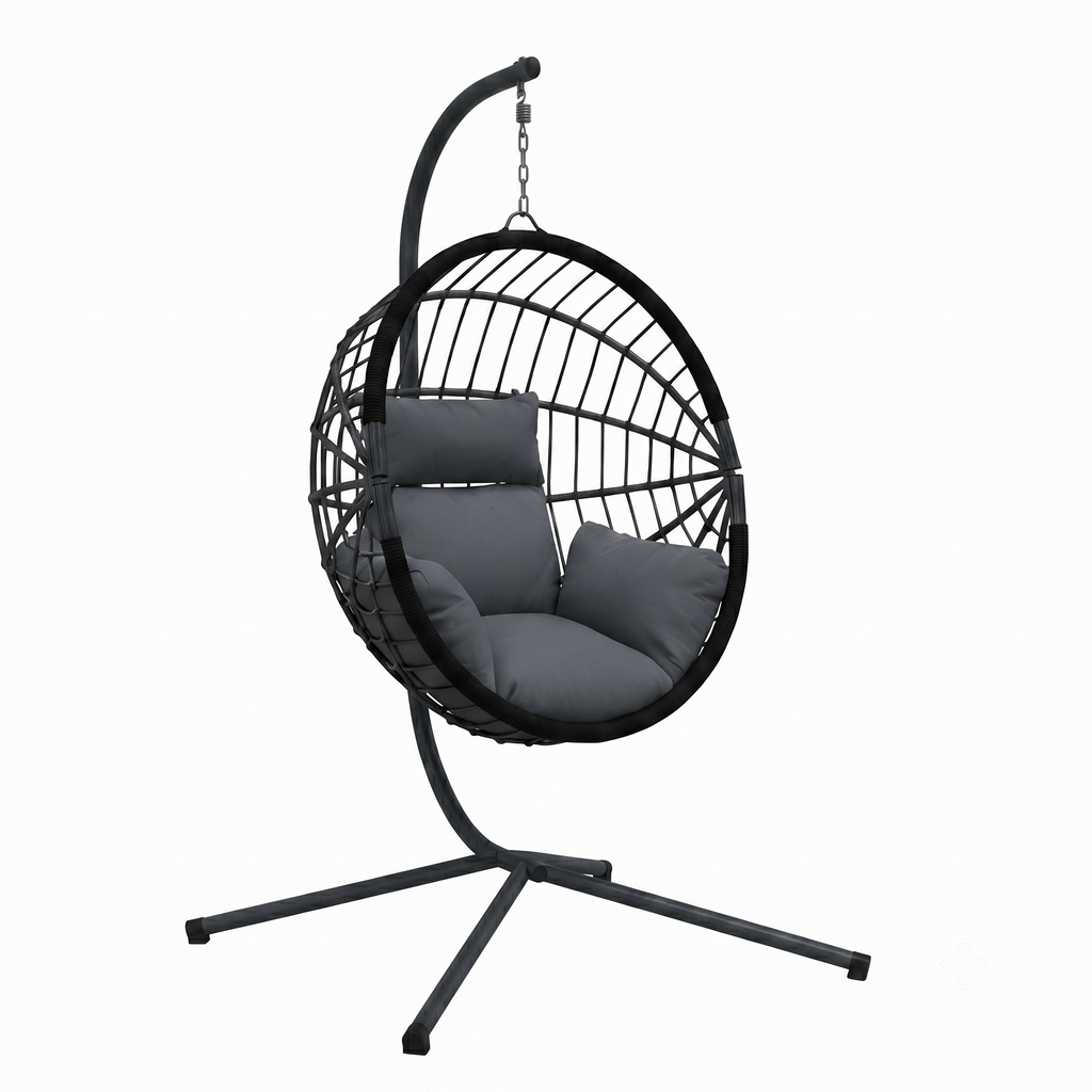 Fauteuil scandinave gris clair polyrotin installé jardin – ZenHamac