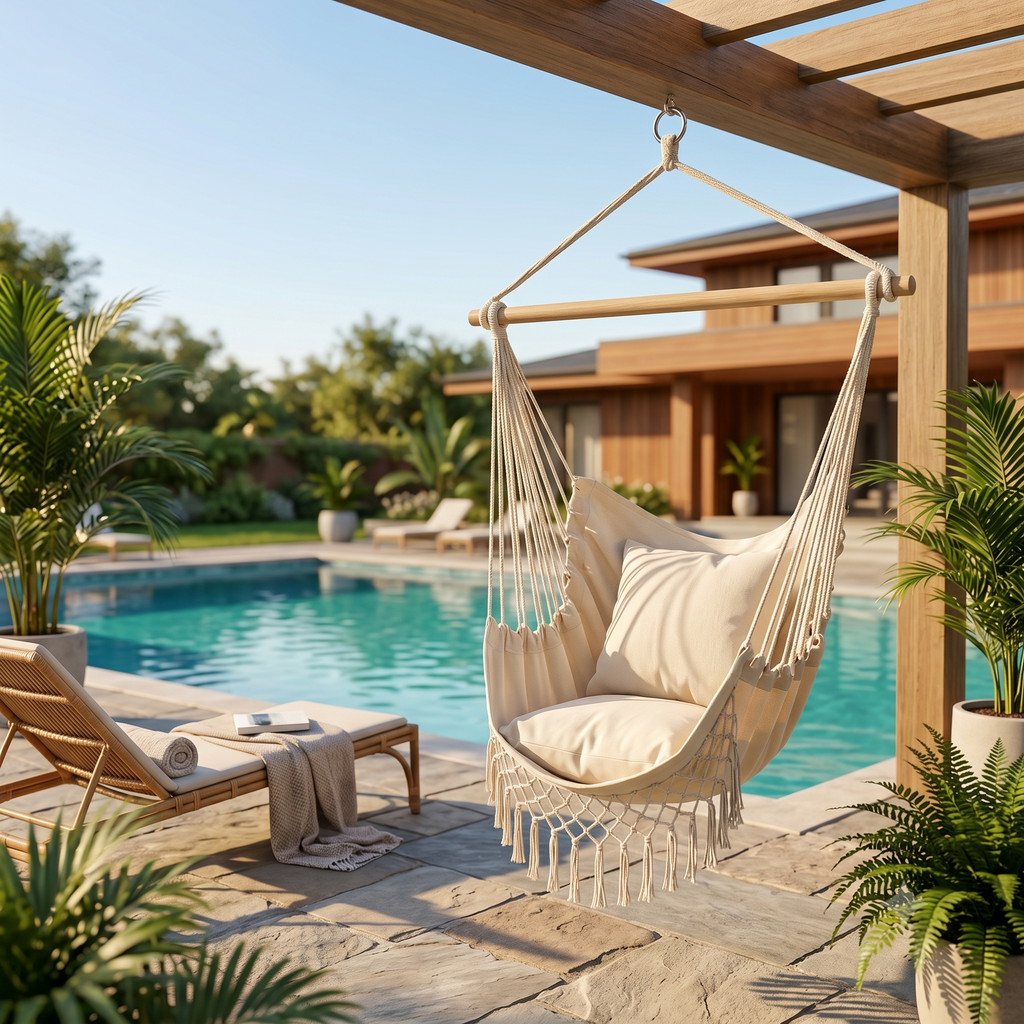 Fauteuil suspendu tissu douceur installé sur terrasse – ZenHamac