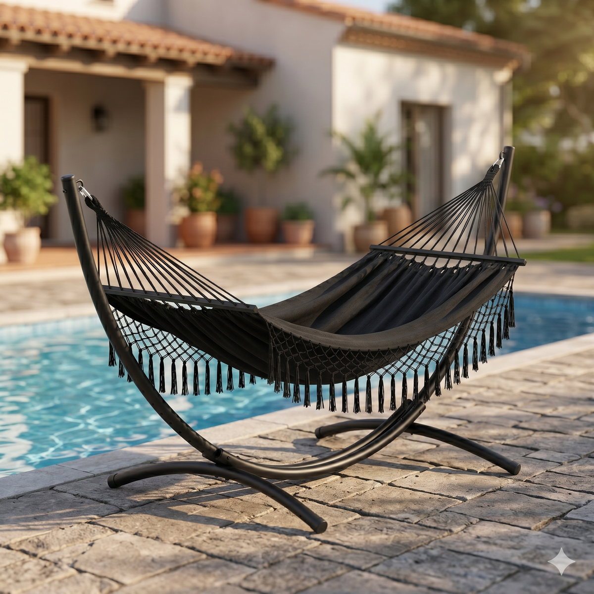 Hamac sur pied noir bohème franges installé extérieur – ZenHamac