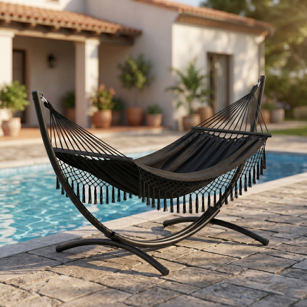 Hamac sur Pied Noir Bohème avec Franges – ZenHamac