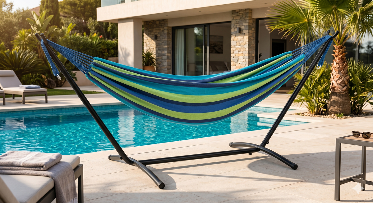Hamac sur pied bleu lagon installé en jardin – ZenHamac