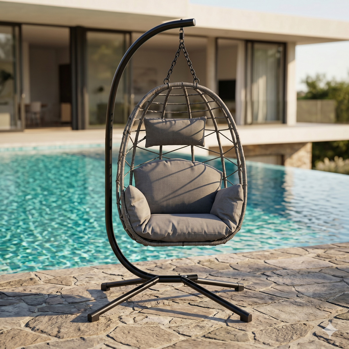 Fauteuil suspendu sur pied œuf installé sur terrasse – ZenHamac