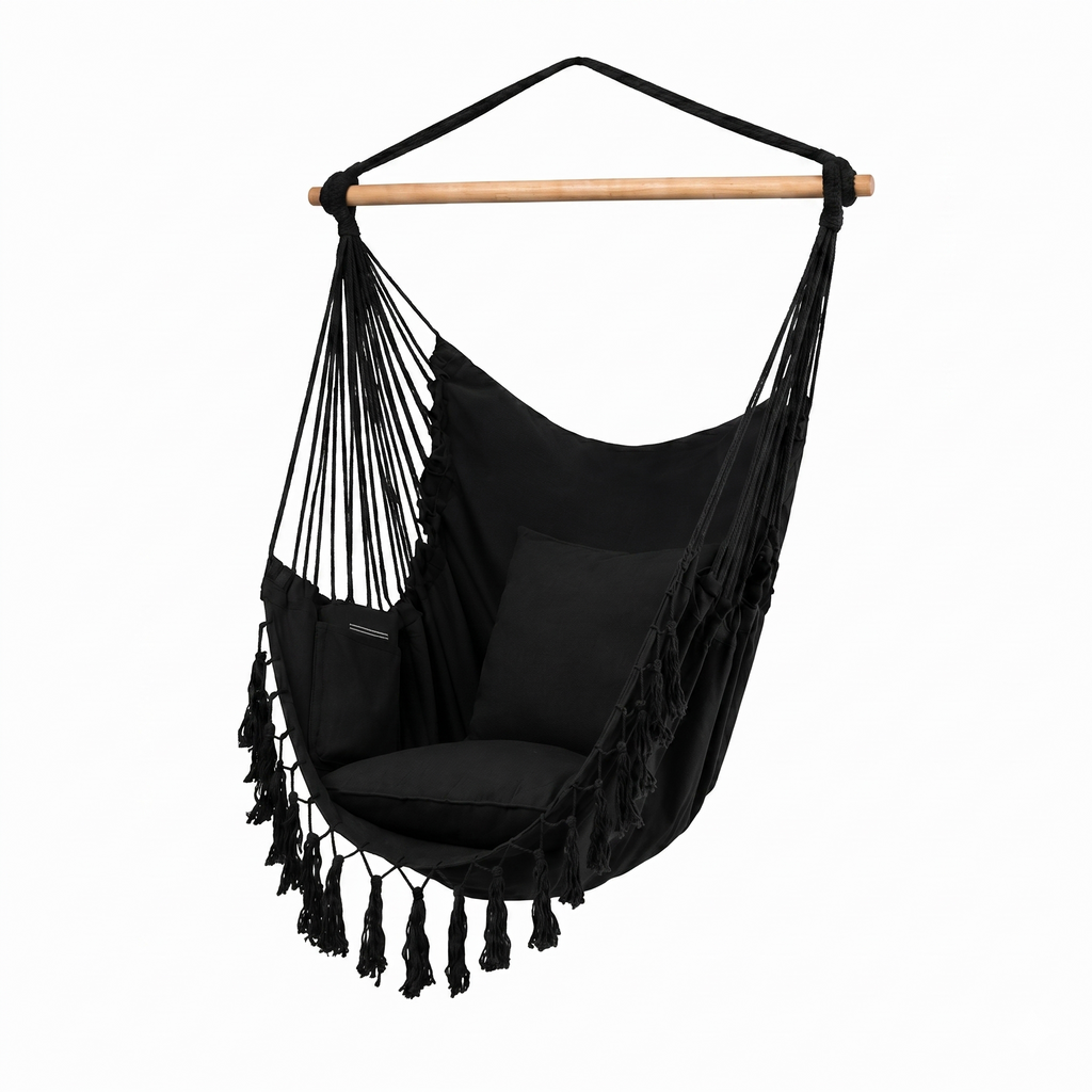 Fauteuil suspendu tissu noir élégance barre bois – ZenHamac