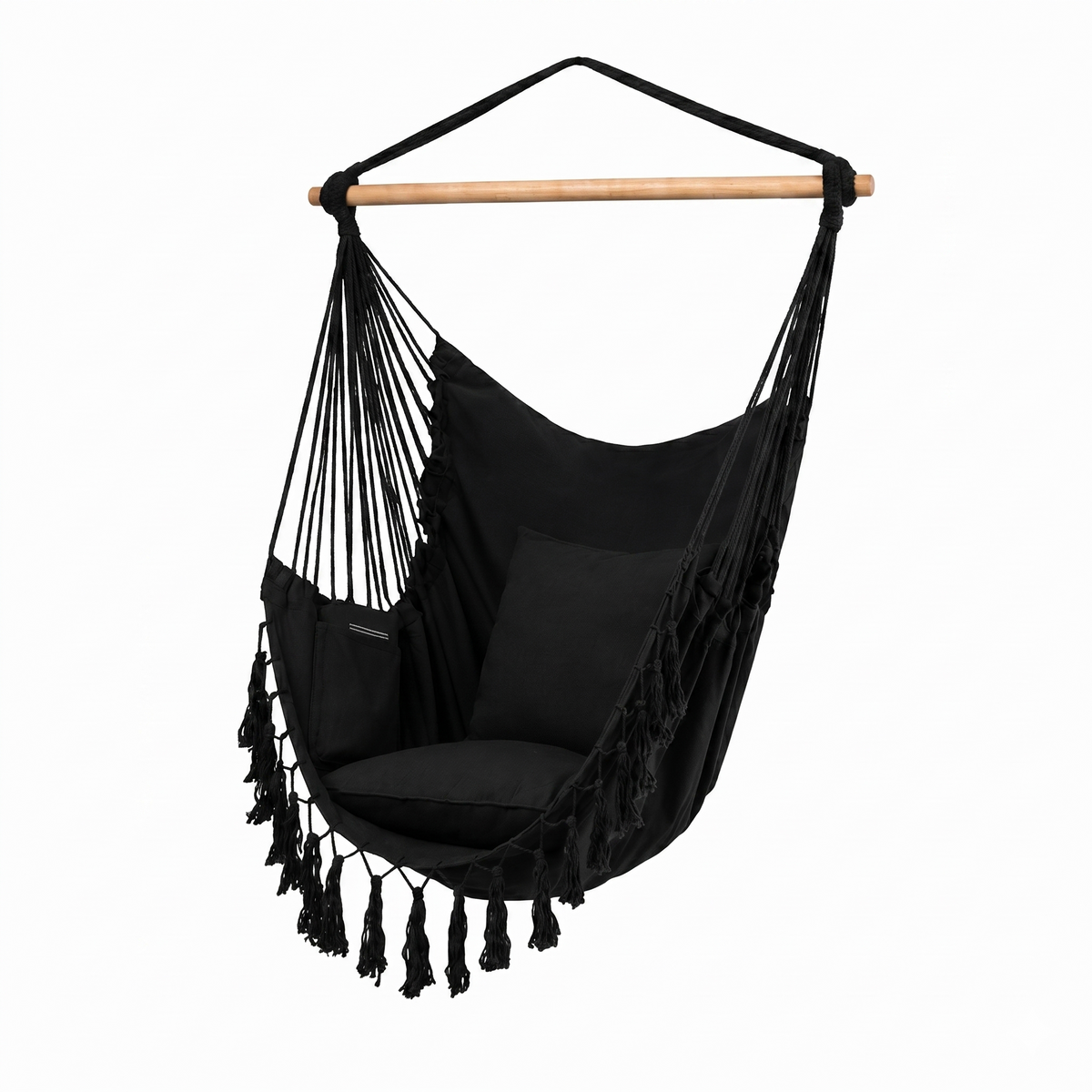 Fauteuil suspendu tissu noir élégance barre bois – ZenHamac