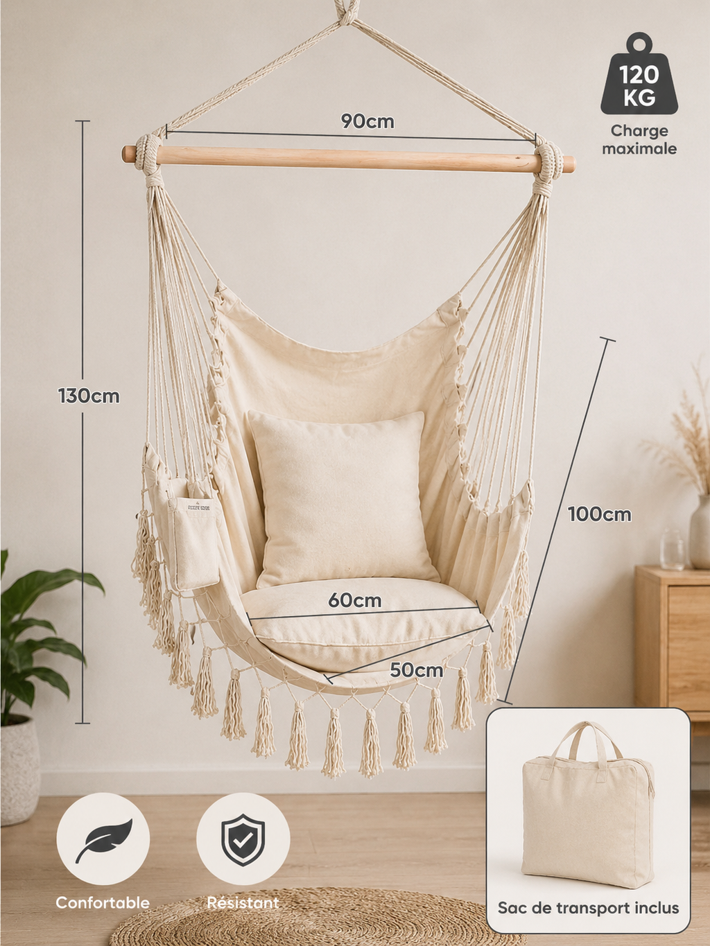 Détail toile tissu et cordes de suspension